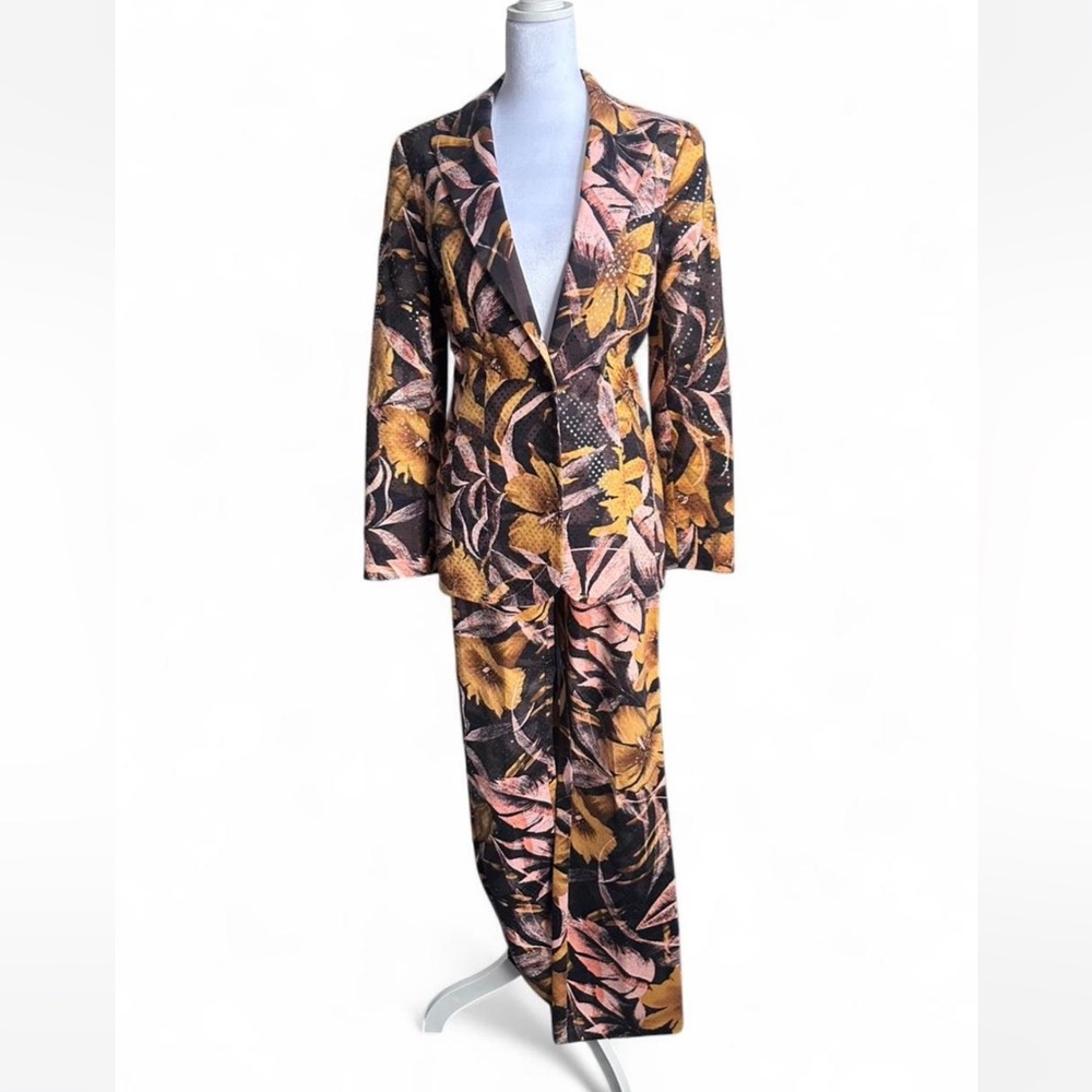 Cache gold and pink floral print two-piece sequin dress suit